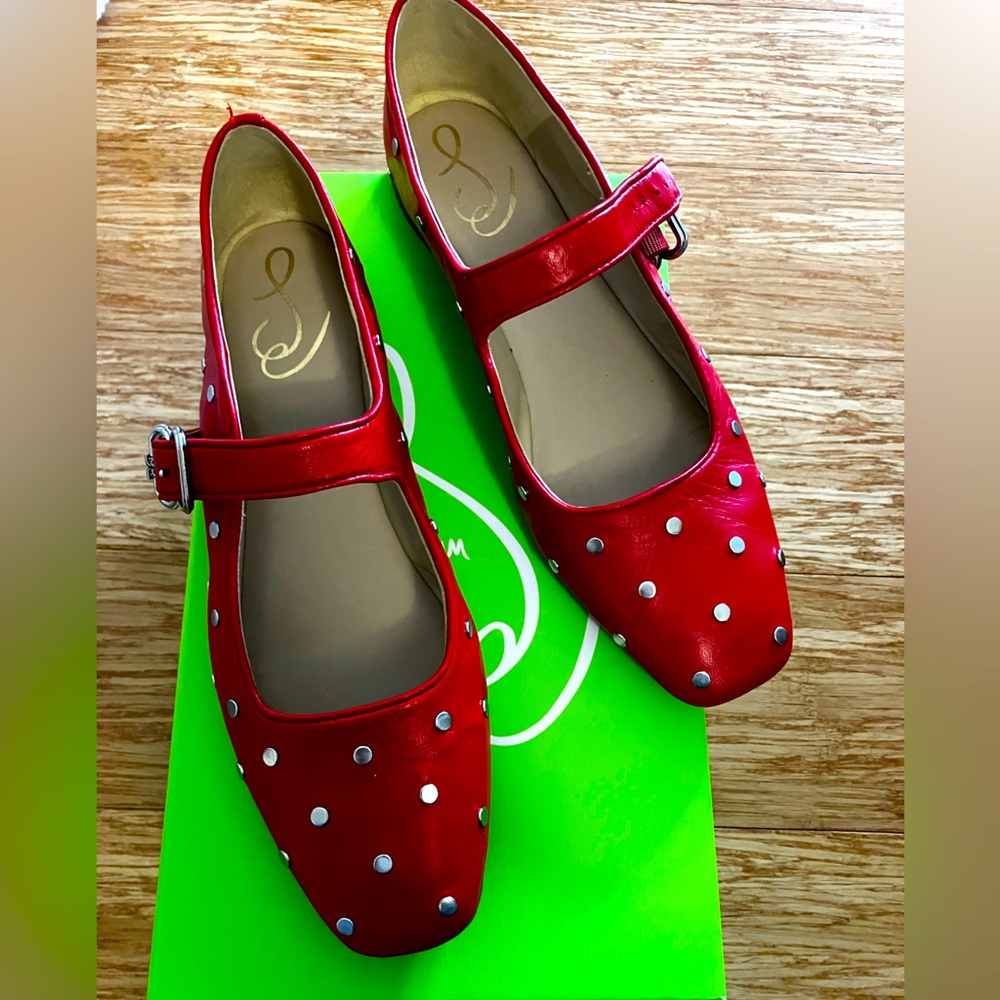 Sam Edelman red leather with silver flat studs Mary Jane flats